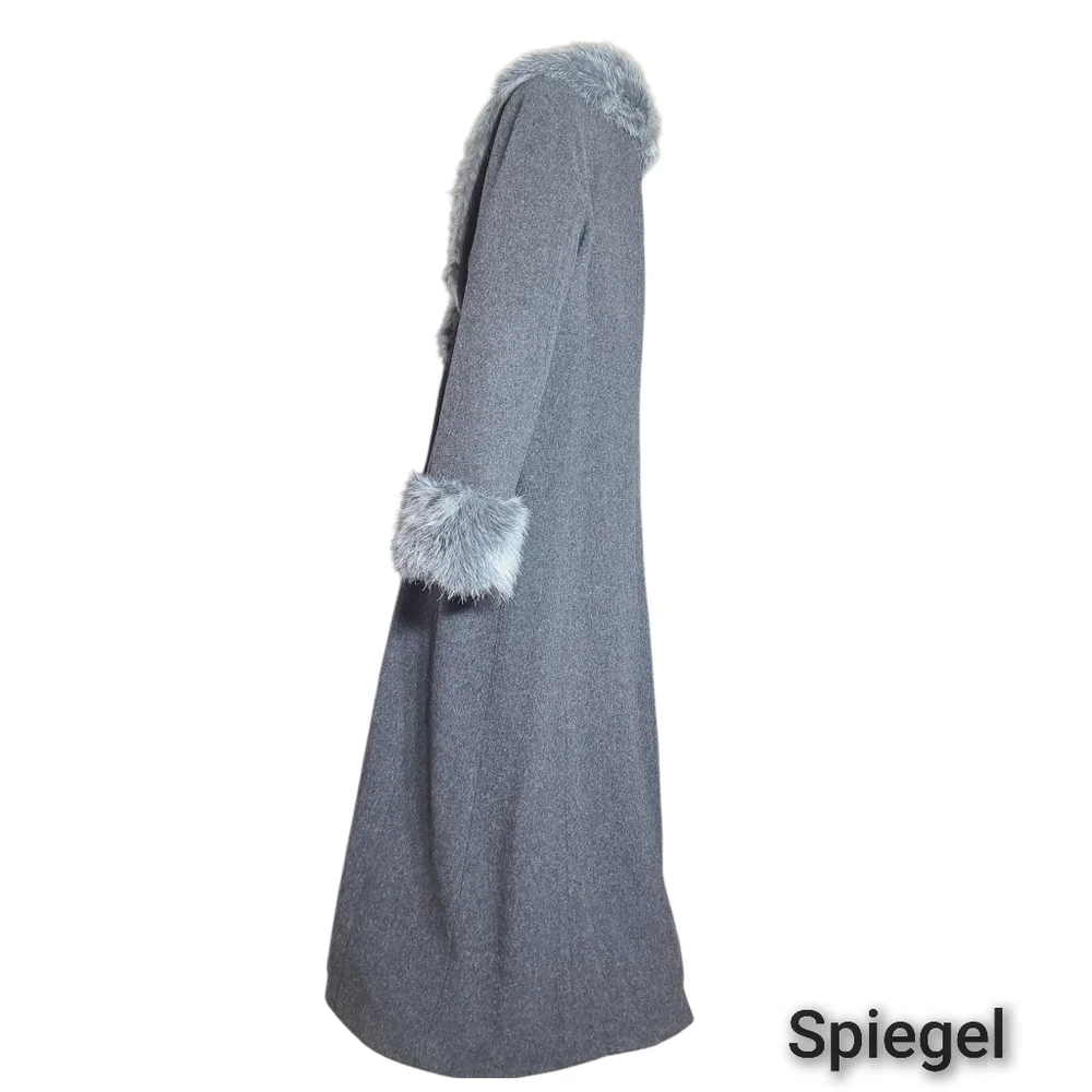 Blushe by Spiegel Grey Long Wool Coat Faux Fur Collar Cuffs Size 12 USA